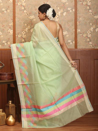 Sea-Green Supernet Banarasi With Geometric Multicolour Border