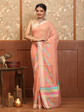 Peach Supernet Banarasi With Geometric Multicolour Border