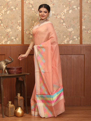 Peach Supernet Banarasi With Geometric Multicolour Border