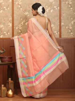 Peach Supernet Banarasi With Geometric Multicolour Border