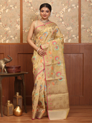 Light Golden Supernet Banarasi With All Over Floral Jaal