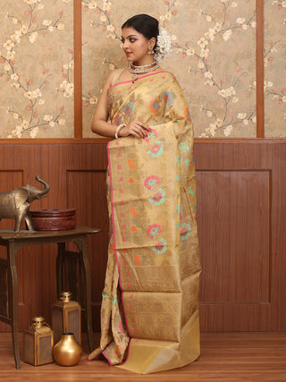 Light Golden Supernet Banarasi With All Over Floral Jaal
