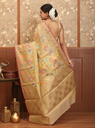 Light Golden Supernet Banarasi With All Over Floral Jaal