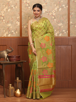 Olive Green Blended Silk Banarasi With Floral Jaal