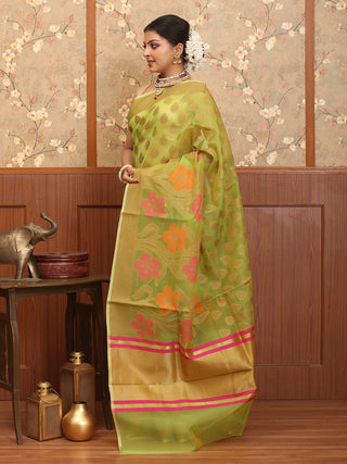 Olive Green Blended Silk Banarasi With Floral Jaal