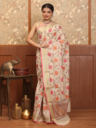 Light Beige Mercerised Cotton Banarasi With Floral Jaal