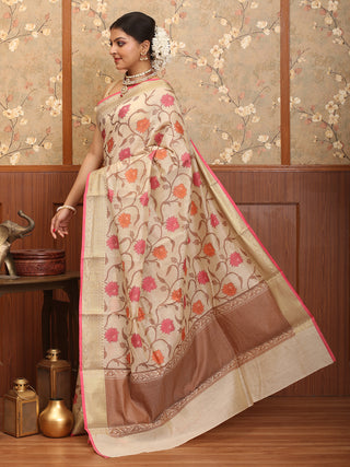 Light Beige Mercerised Cotton Banarasi With Floral Jaal