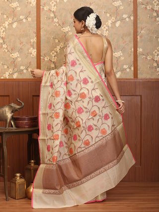 Light Beige Mercerised Cotton Banarasi With Floral Jaal