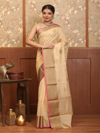 Sandal Colour Cotton Silk Banarasi With Antique Gold Border And Butas
