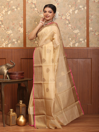 Sandal Colour Cotton Silk Banarasi With Antique Gold Border And Butas