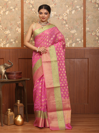 Pink Mercerised Cotton Banarasi With Traditional Border And Butis