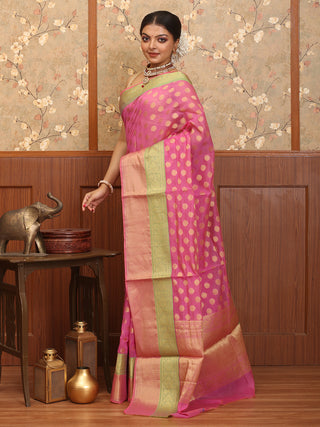 Pink Mercerised Cotton Banarasi With Traditional Border And Butis