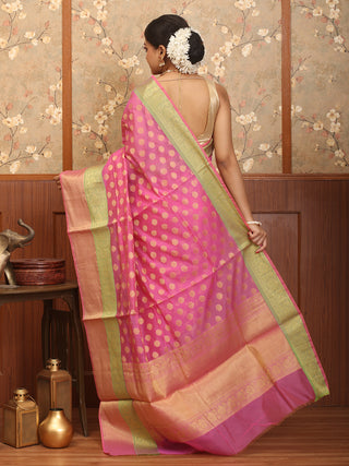 Pink Mercerised Cotton Banarasi With Traditional Border And Butis