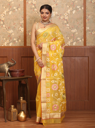 Yellow Supernet Banarasi With Machine Embroidery