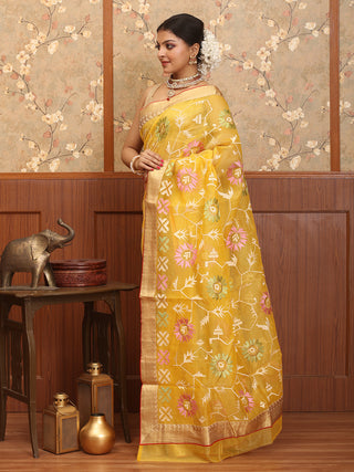Yellow Supernet Banarasi With Machine Embroidery