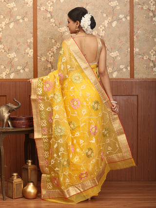 Yellow Supernet Banarasi With Machine Embroidery