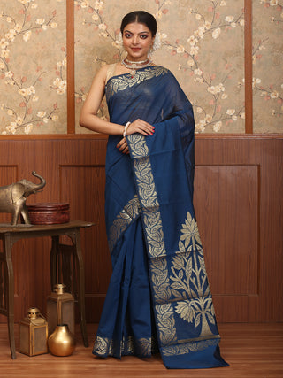 Navy Blue Mercerised Cotton Banarasi With Grand Pallu
