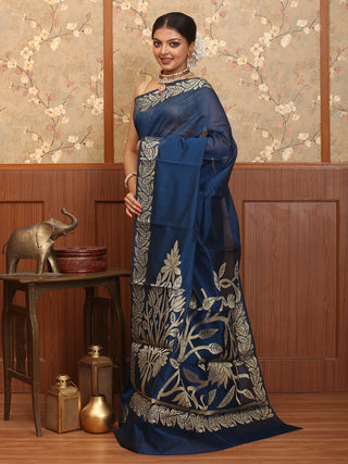 Navy Blue Mercerised Cotton Banarasi With Grand Pallu