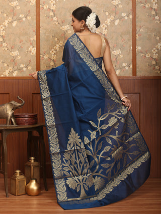 Navy Blue Mercerised Cotton Banarasi With Grand Pallu