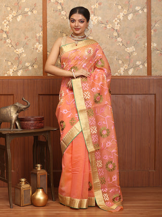 Peach Supernet Banarasi With Machine Embroidery