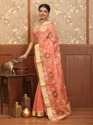 Peach Supernet Banarasi With Machine Embroidery