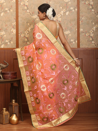 Peach Supernet Banarasi With Machine Embroidery