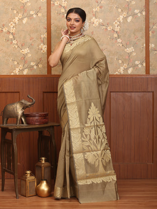Brown Mercerised Cotton Banarasi With Grand Pallu