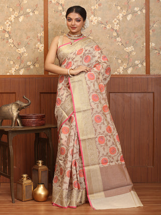 Light Beige Mercerised Cotton Banarasi With Floral Jaal