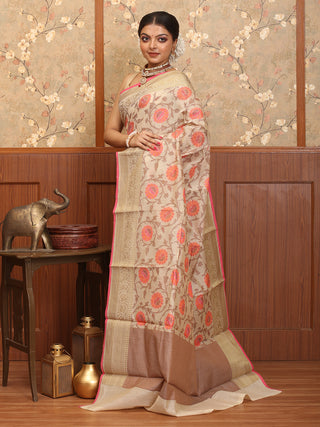 Light Beige Mercerised Cotton Banarasi With Floral Jaal