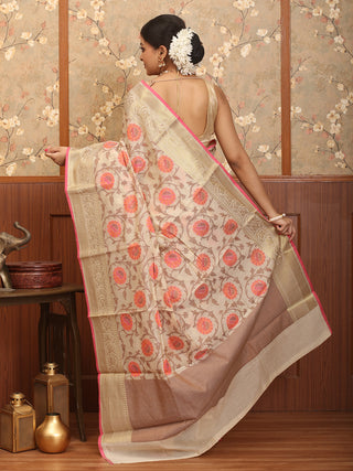 Light Beige Mercerised Cotton Banarasi With Floral Jaal
