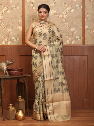 Light Golden Supernet Banarasi With Black Rose Butas