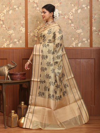 Light Golden Supernet Banarasi With Black Rose Butas
