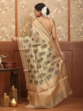 Light Golden Supernet Banarasi With Black Rose Butas