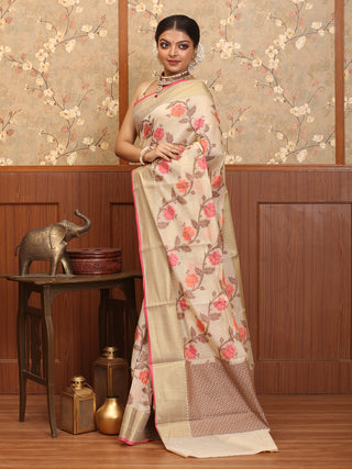 Light Beige Mercerised Cotton Banarasi With Floral Jaal