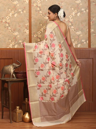 Light Beige Mercerised Cotton Banarasi With Floral Jaal