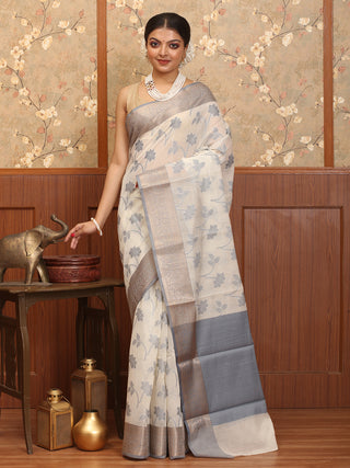 Off White Mercerised Cotton Banarasi With Greyish Blue Border And Floral Butas