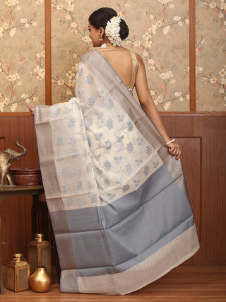 Off White Mercerised Cotton Banarasi With Greyish Blue Border And Floral Butas
