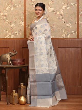 Off White Mercerised Cotton Banarasi With Greyish Blue Border And Floral Butas