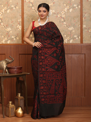 Black And Red Mercerised Cotton Banarasi With Jamdani Inspired Weaves