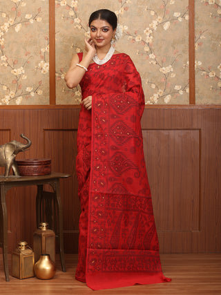 Red Mercerised Cotton Banarasi With Jamdani Inspired Weaves