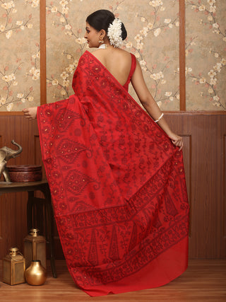 Red Mercerised Cotton Banarasi With Jamdani Inspired Weaves