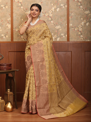 Light Golden-Peach Mercerised Cotton Banarasi With All-Over Antique Floral Patola Jaal