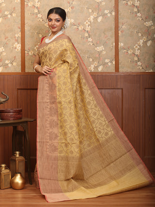 Light Golden-Peach Mercerised Cotton Banarasi With All-Over Antique Floral Patola Jaal