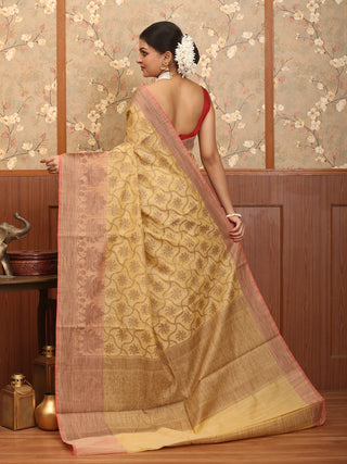 Light Golden-Peach Mercerised Cotton Banarasi With All-Over Antique Floral Patola Jaal