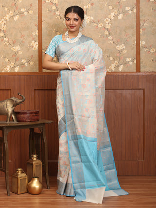 Off White Mercerised Cotton Banarasi With Sky Blue Border And Floral Jaal