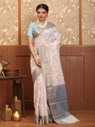 Off White Mercerised Cotton Banarasi With Greyish Blue Border And Floral Butas