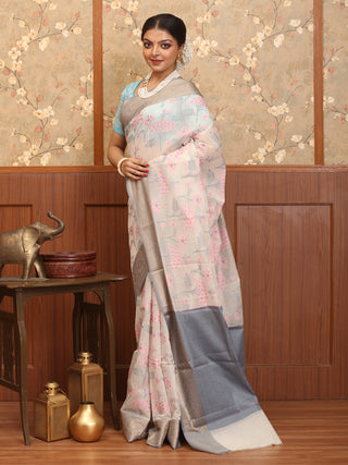 Off White Mercerised Cotton Banarasi With Greyish Blue Border And Floral Butas