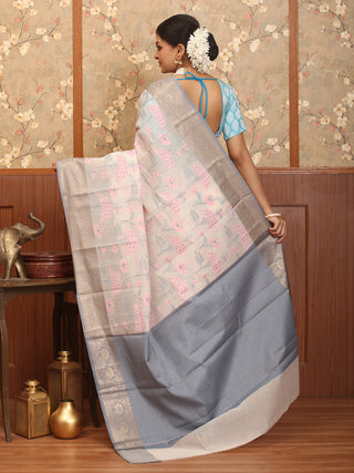 Off White Mercerised Cotton Banarasi With Greyish Blue Border And Floral Butas