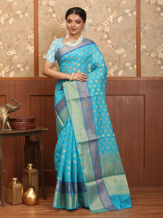 Sky Blue Mercerised Cotton Banarasi With Traditional Border And Butis