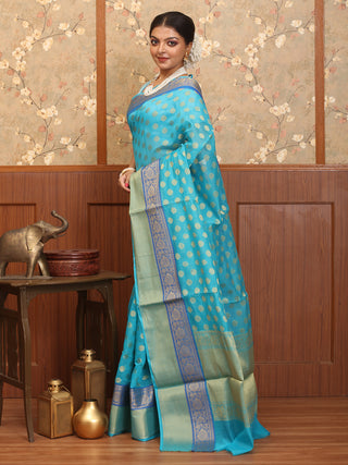 Sky Blue Mercerised Cotton Banarasi With Traditional Border And Butis